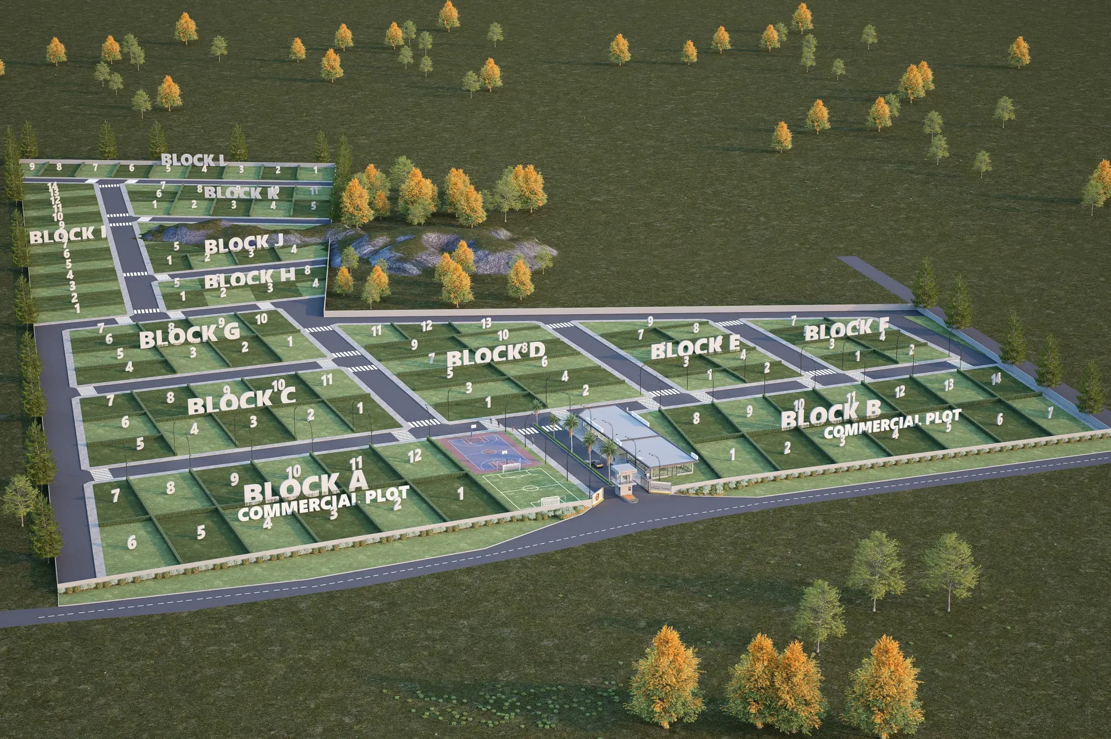 3D render of the labelled masterplan at Orange County, Balogun, Oyo, showing Block A to Block L