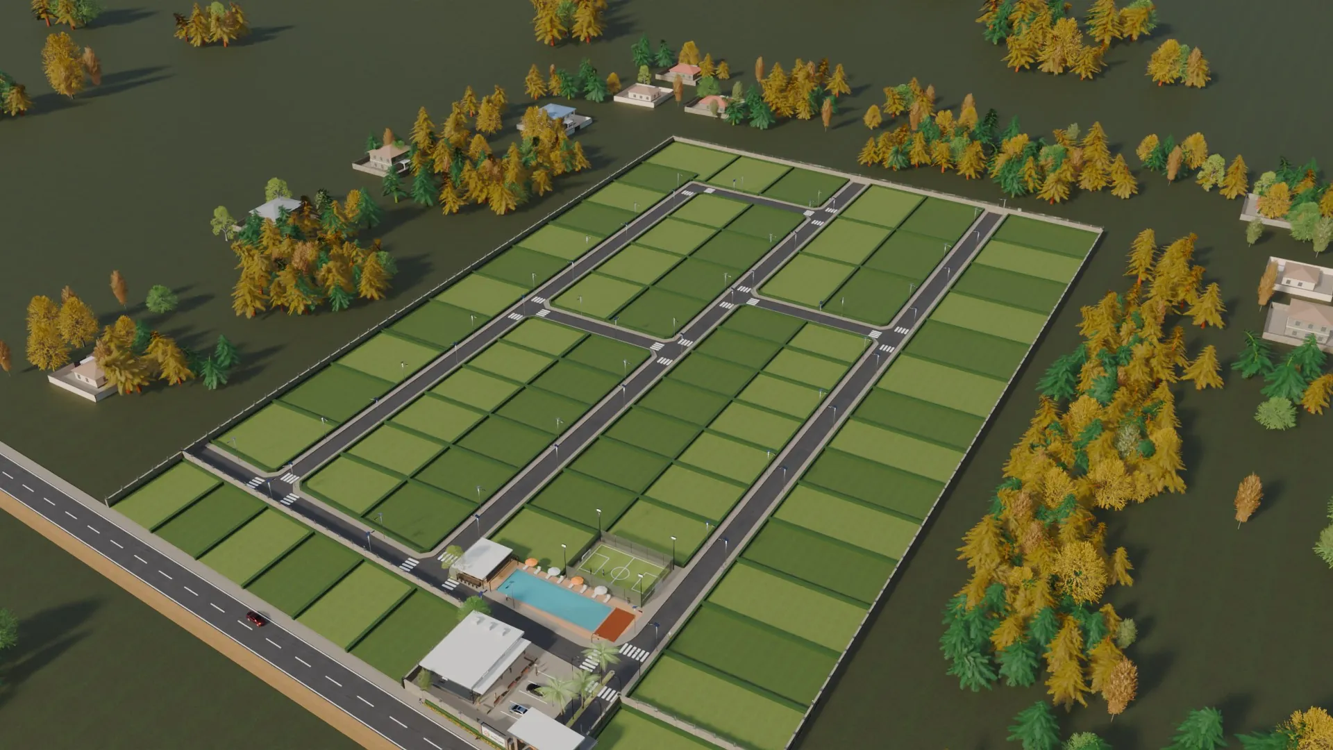 3D render of the estate and its green surroundings at Orange County, Epe