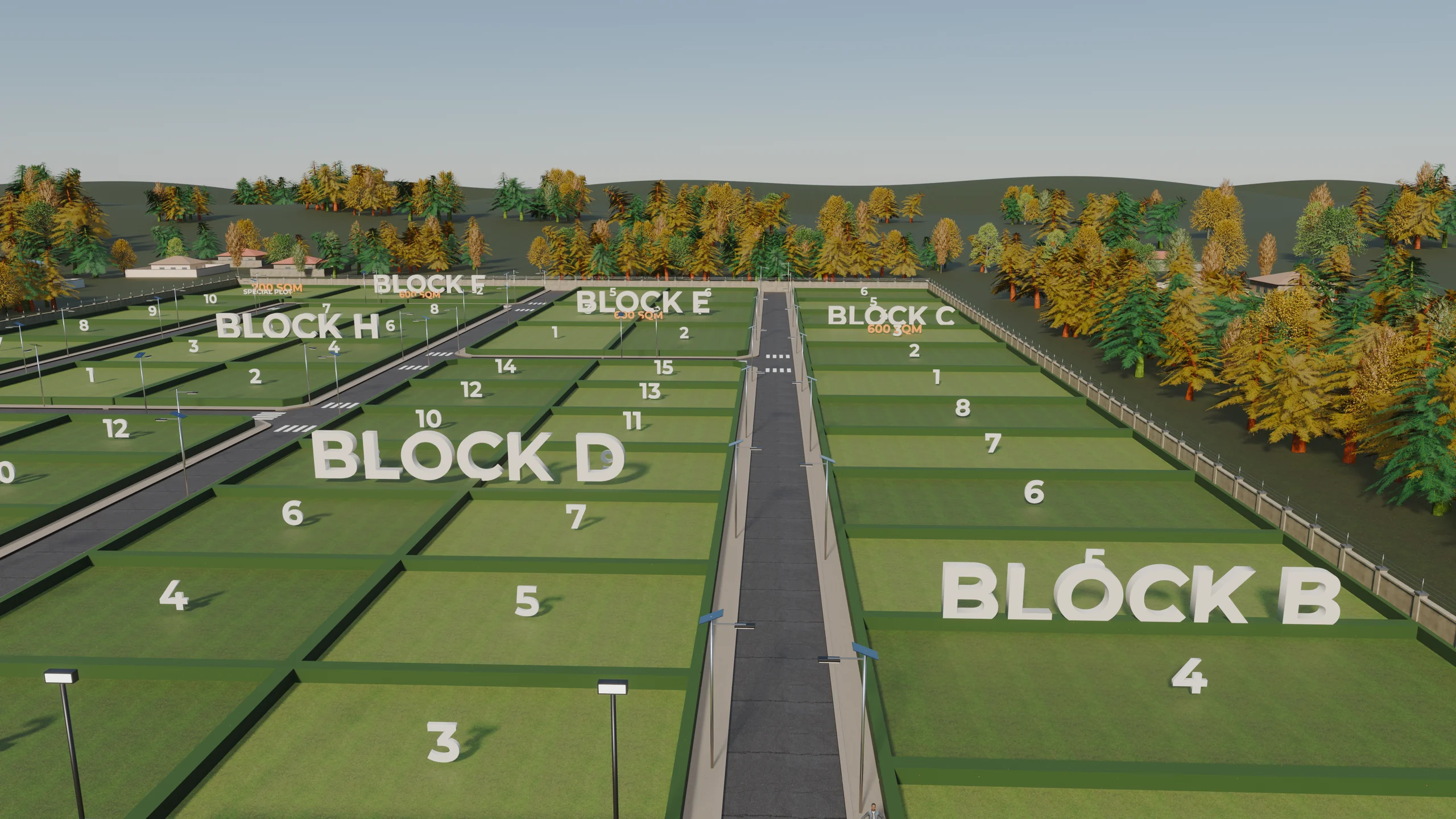 3D render of the main avenue and plots at Orange County, Epe, from the air