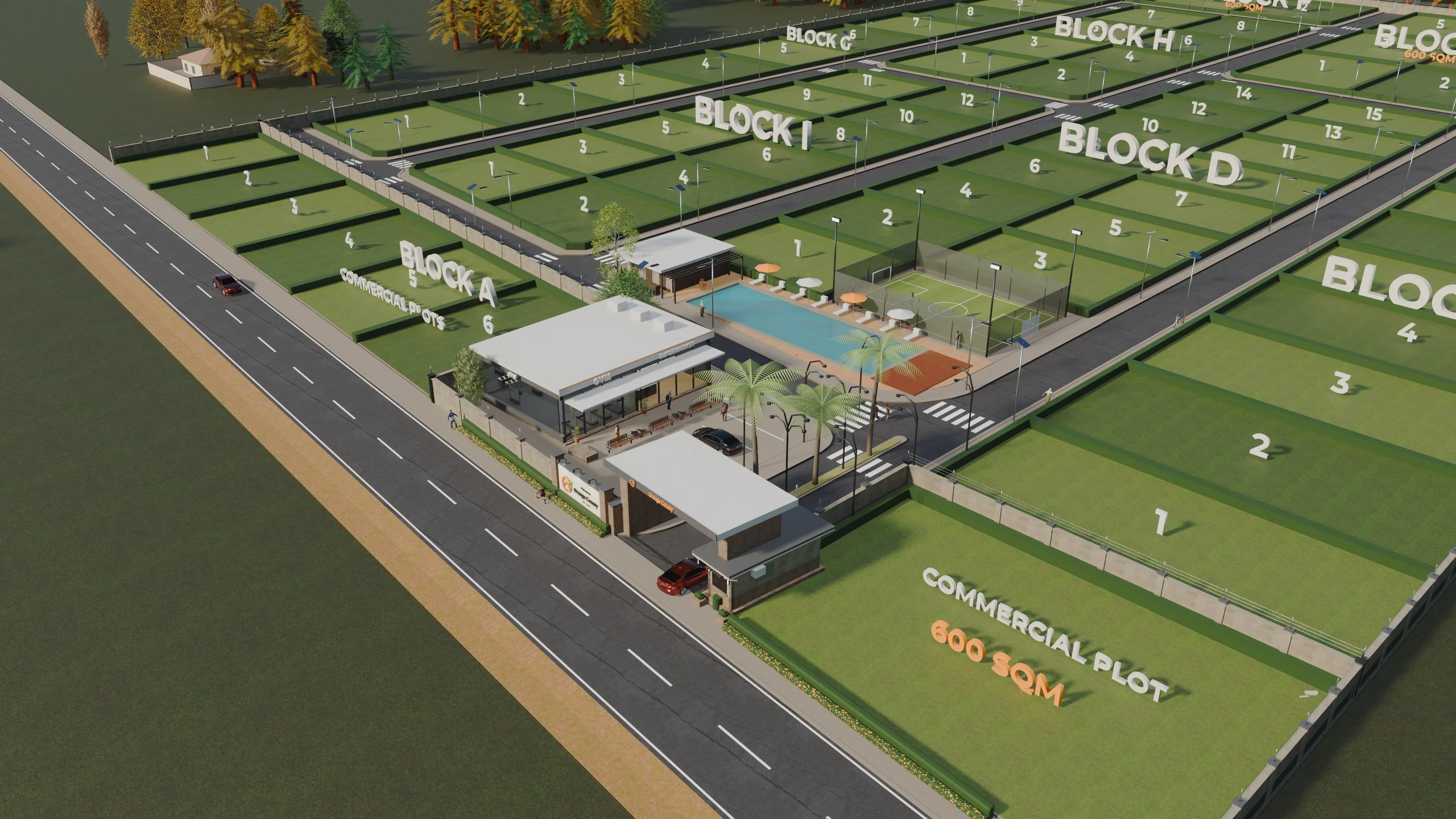 3D render of the entrance at Orange County, Epe, from the air