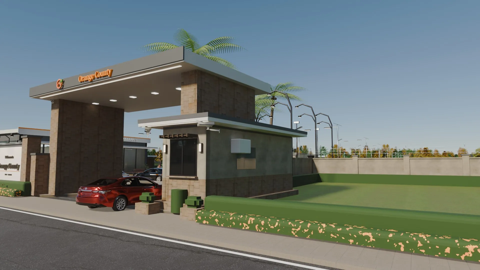 3D render of the gatehouse, its CCTV and the street lights at Orange County, Epe