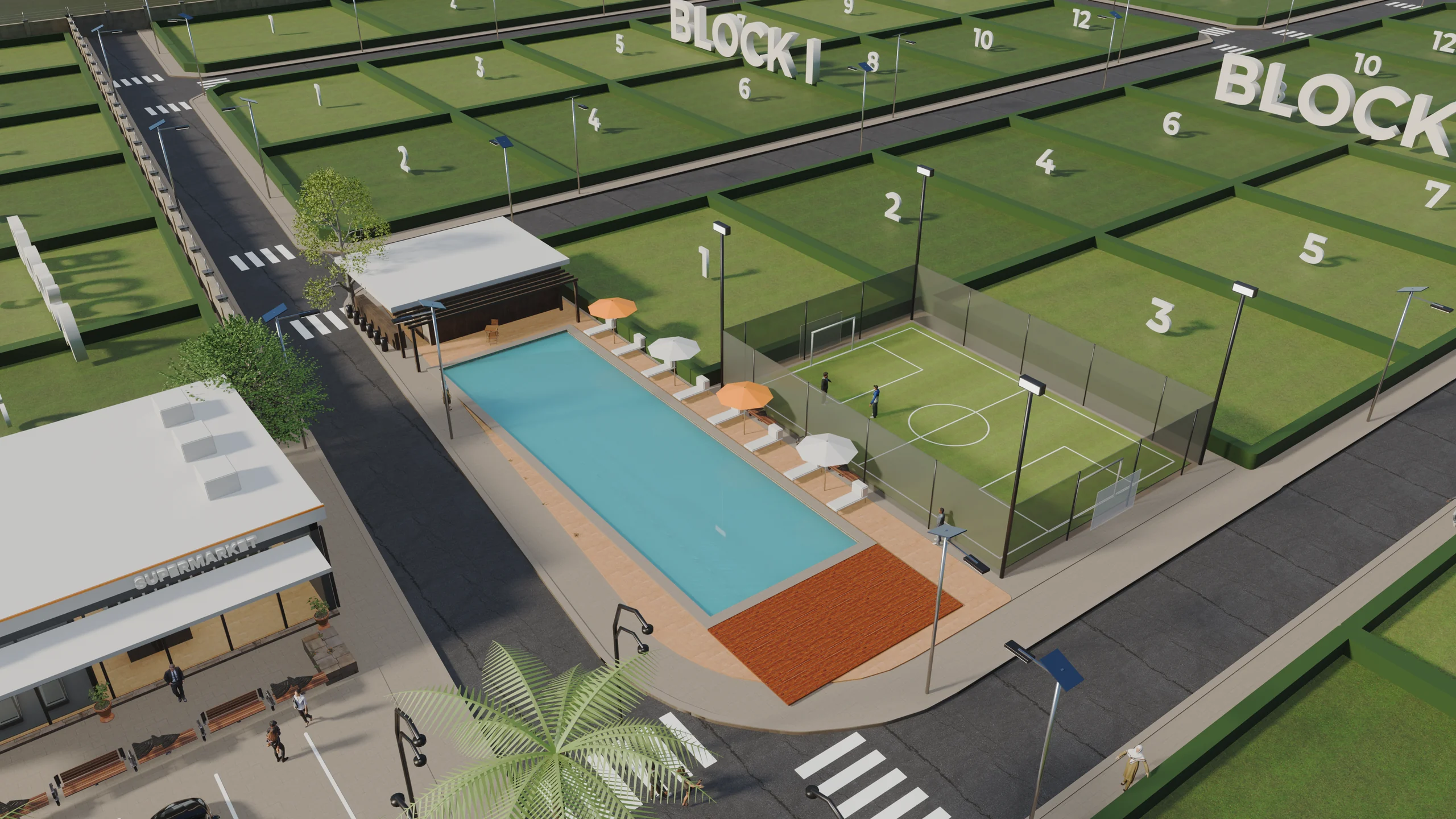 3D render of the football pitch and pool at Orange County, Epe