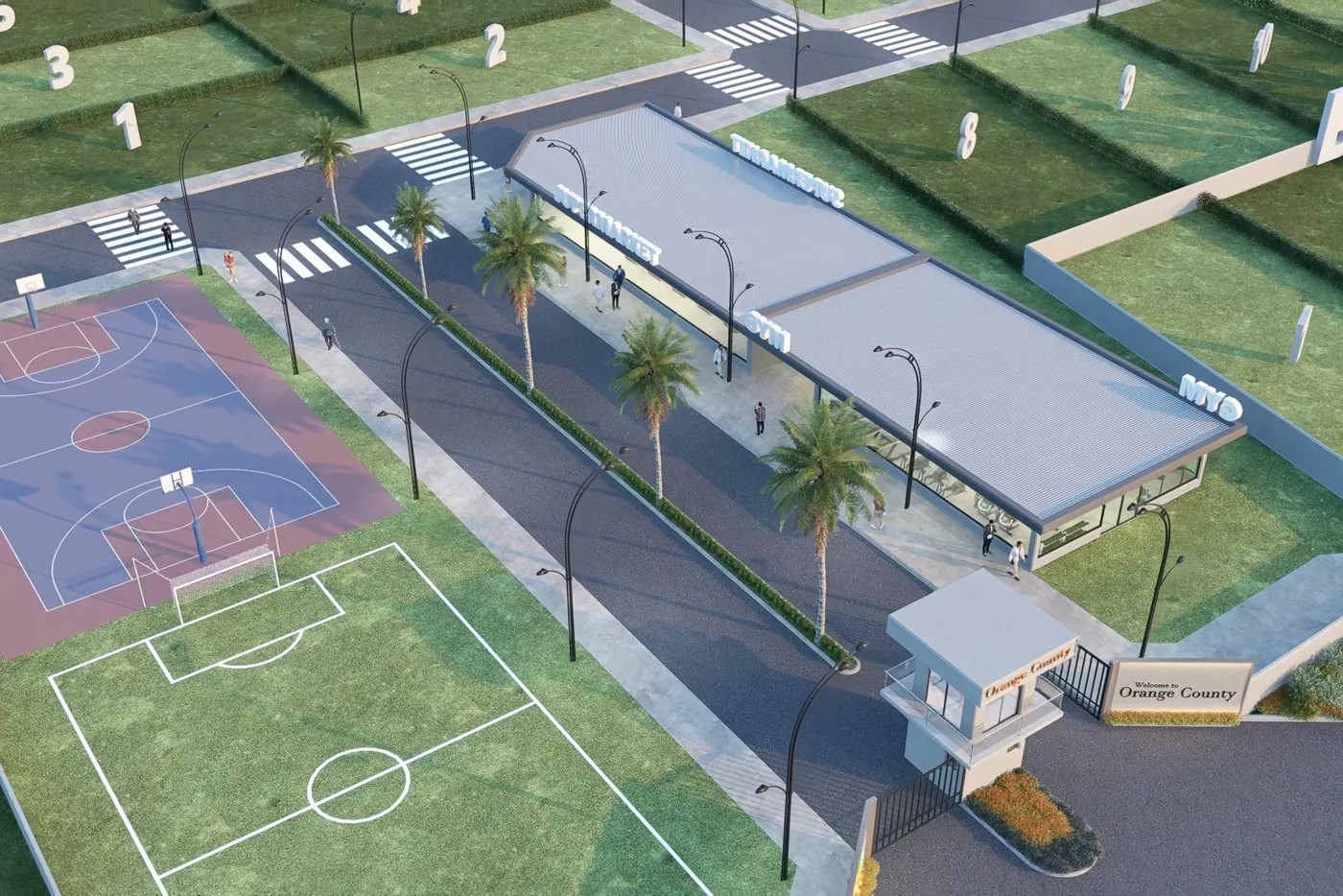 3D render of the commercial strip at Orange County, Balogun, Oyo