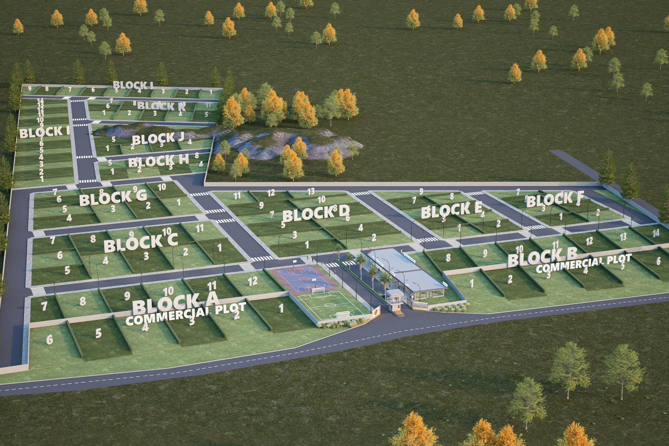 3D render of the labelled masterplan at Orange County, Balogun, Oyo, showing Block A to Block L