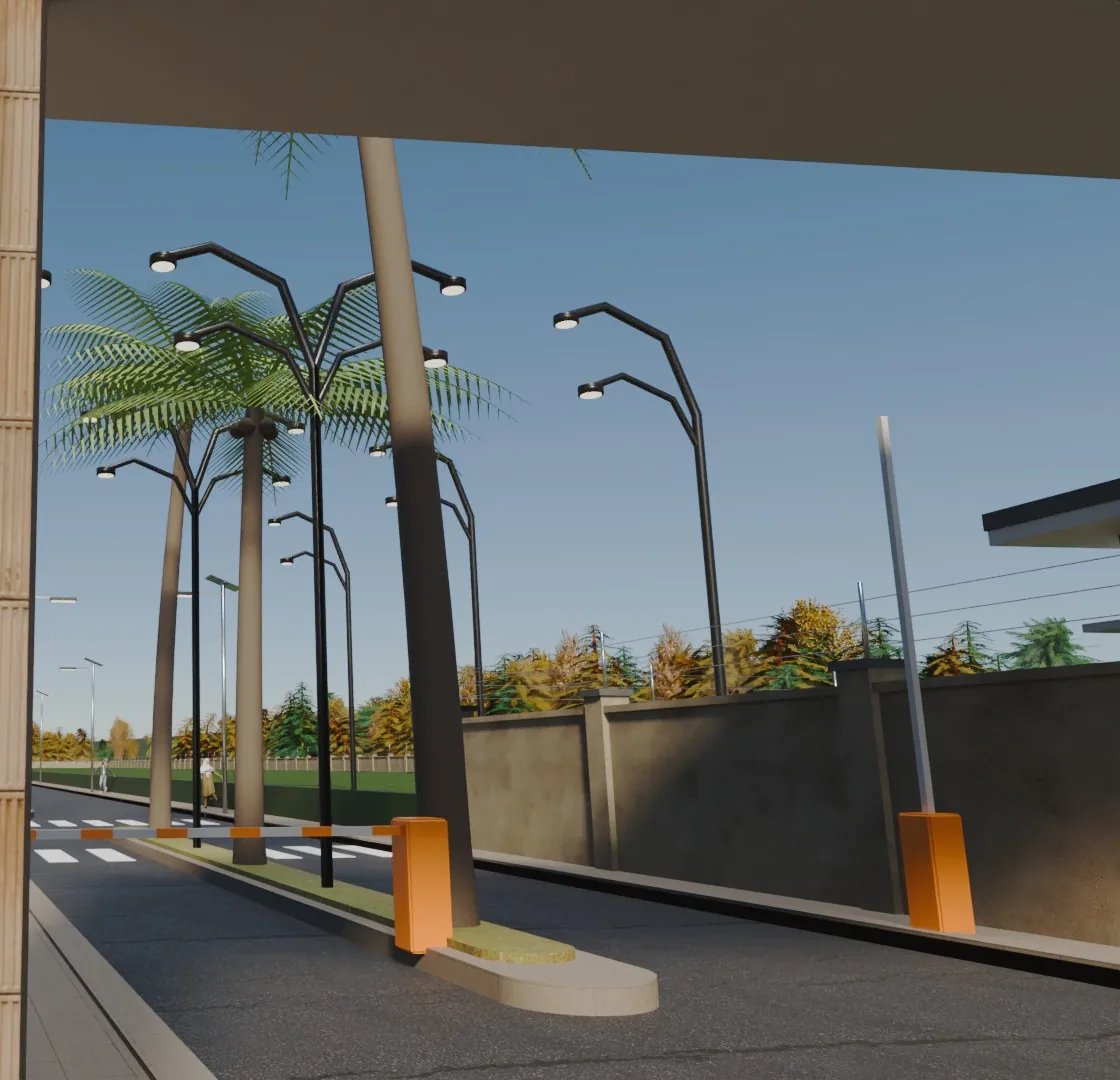 3D render of solar street lights along the entrance road at Orange County, Epe